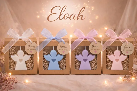 Recordatorios de velas con forma de ángel y lazos de colores