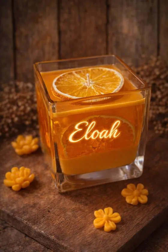 Vela aromática en cubo de vidrio con una rodaja de naranja