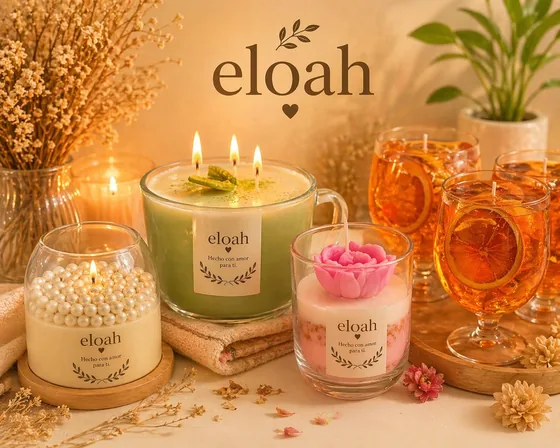 Varias velas aromáticas de Eloah sobre una mesa con flores secas