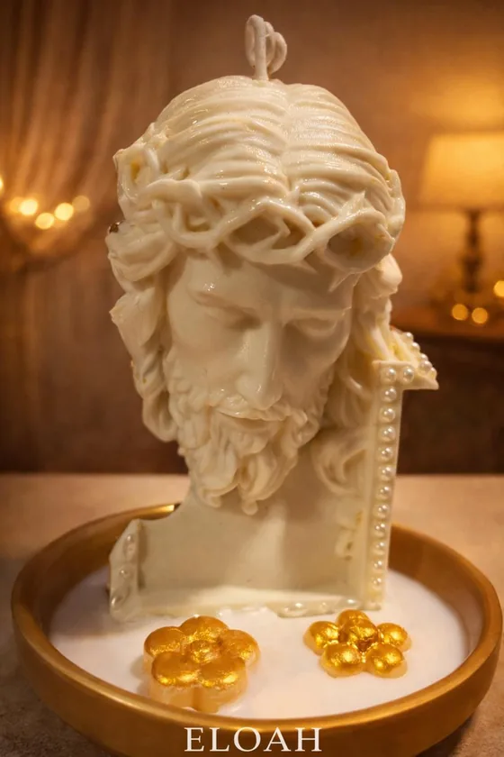 Vela con el rostro de Cristo sobre una base redonda